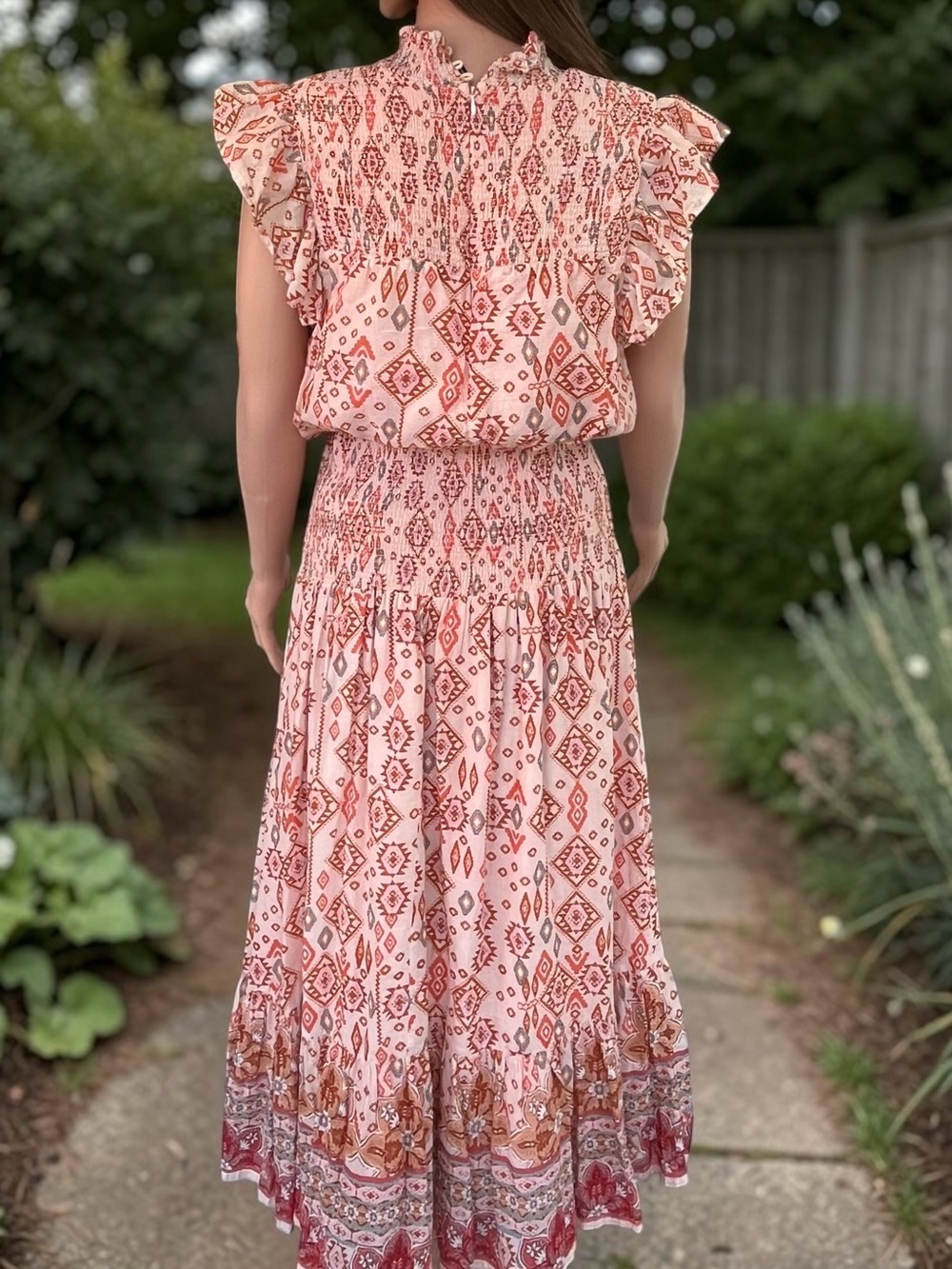 AQUA Boho Smocked Cotton Maxi Dress XL Pink Geometric Flutter Sleeve - Picture 8 of 10
